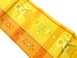 リサイクル　手織り紬変わり格子に抽象模様織出し名古屋帯